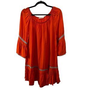 Ladys World Orange Teal Embroidered Bell Sleeves Tunic Top Boho Semi Sheer XL